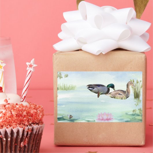 Waterverf Eenden met Lotus n Vlinder Rechthoekige Sticker (Feest)
