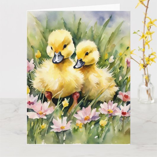 Waterverf Eendjes in Bloemenweide Kaart (Gele Bloem)