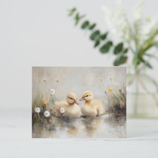 Waterverf eendjes paardebloem bloemen briefkaart (Staand voorkant)