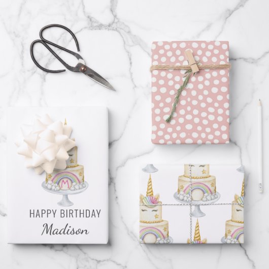 Waterverf eenhoorn eerste verjaardagsmeisje uitnod inpakpapier vel (Voorkant)