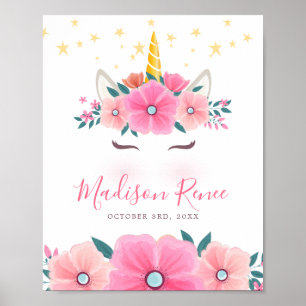 Waterverf Eenhoorn Gezicht Bloemsterren Baby Poster