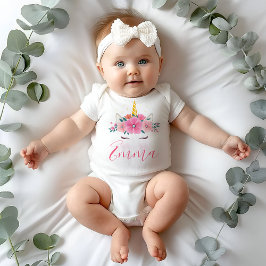 Waterverf Eenhoorn Gezicht Bloemsterren Monogram Romper