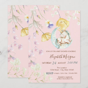 Waterverf Eenhoorn Maan Wilde Bloemen Baby Shower Kaart