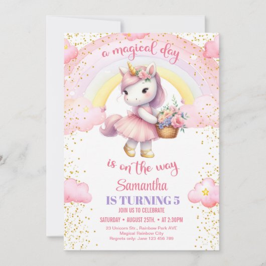 Waterverf eenhoorn met tutu jurk en bloemetjes 5e kaart (Voorkant)