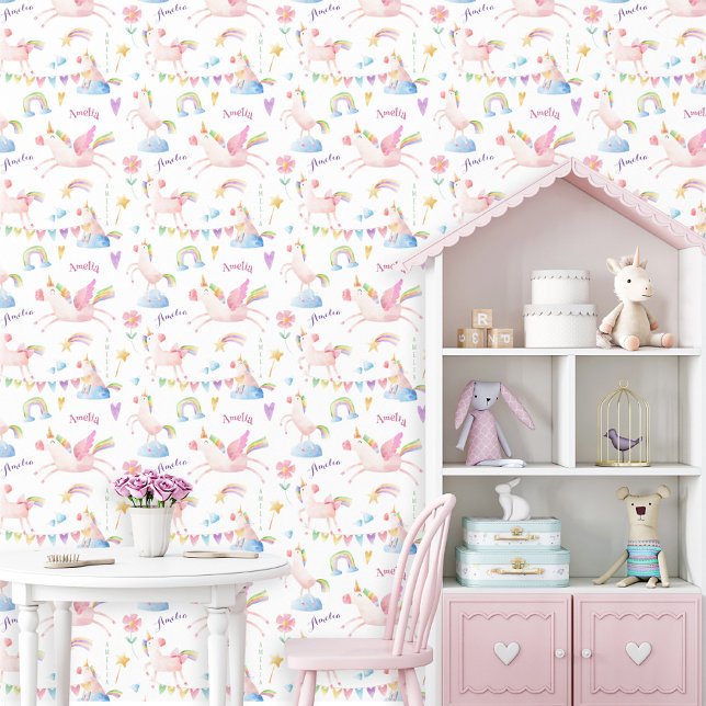 Waterverf eenhoorn regenboog gepersonaliseerde mei behang (Cute watercolor rainbow unicorn Pegasus pastel heart flower fantasy girl custom name wallpaper  )