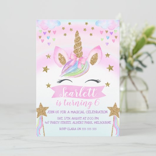 Waterverf Eenhoorn Verjaardagsfeestuitnodiging Kaart (Staand voorkant)