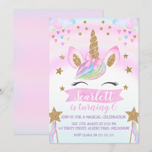 Waterverf Eenhoorn Verjaardagsfeestuitnodiging Kaart (Voorkant / Achterkant)