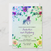 Waterverf eenhoorn verjaardagsmeisje uitnodiging (Voorkant)