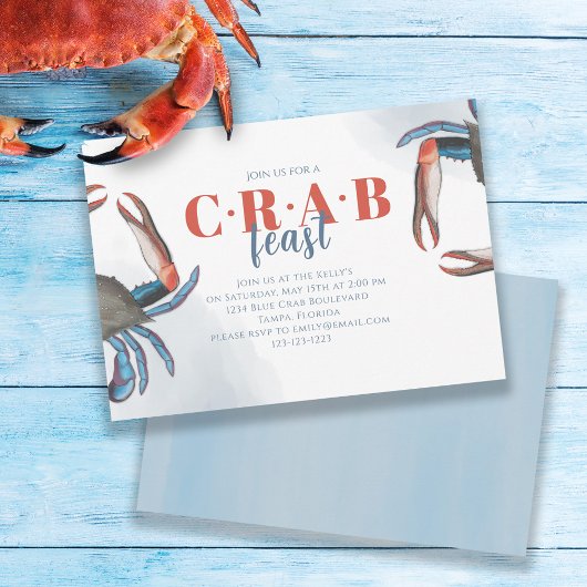 Waterverf Eenvoudige Blauwe Krab Feast Ocean Party Kaart