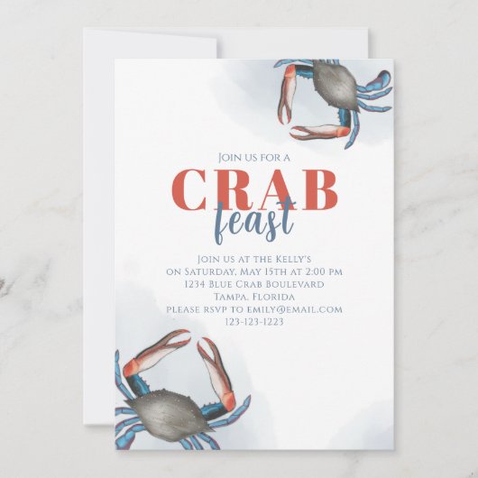 Waterverf Eenvoudige Blauwe Krab Feast Ocean Party Kaart (Voorkant)