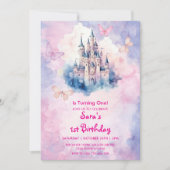Waterverf Eerste 1e Verjaardag Castle & Butterfly Kaart (Voorkant)