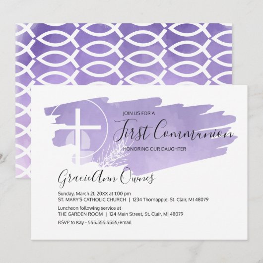 Waterverf Eerste Communie Uitnodiging - Paarse (Voorkant / Achterkant)