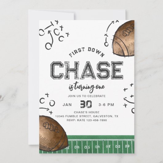 Waterverf eerste down Football verjaardagsuitnodig Kaart (Voorkant)