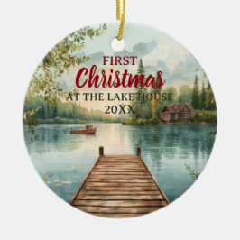 Waterverf eerste kerst in het Lake House Keramisch Ornament