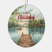 Waterverf eerste kerst in het Lake House Keramisch Ornament (Links)