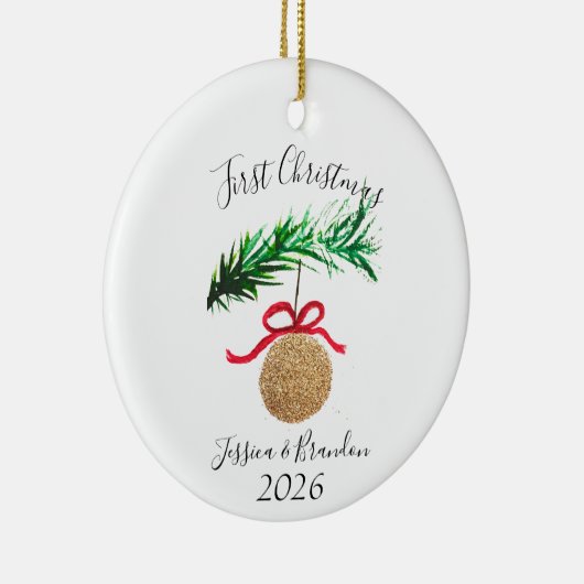 Waterverf Eerste Kerstboom Vrolijk en stralend Keramisch Ornament (Rechts)