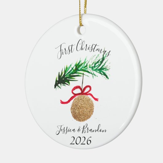 Waterverf Eerste Kerstboom Vrolijk en stralend Keramisch Ornament (Links)