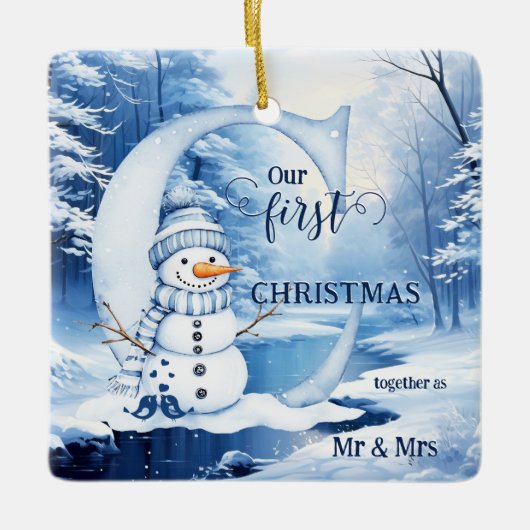 Waterverf Eerste Kerstdag meneer en mevrouw Foto Keramisch Ornament (Voorkant)