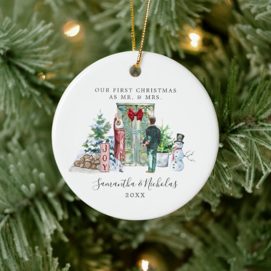 Waterverf | Eerste Kerstmis als de heer & Mrs. Keramisch Ornament (Boom)