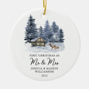 Waterverf Eerste Kerstmis Rustic Woodlands Foto Keramisch Ornament
