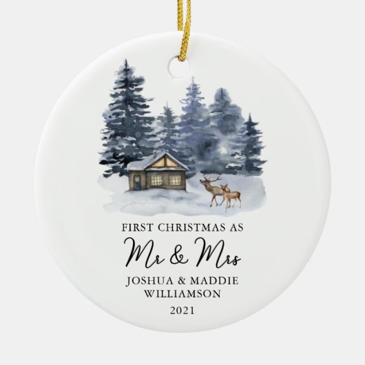 Waterverf Eerste Kerstmis Rustic Woodlands Foto  Keramisch Ornament (Voorkant)