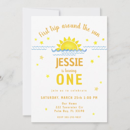 Waterverf eerste reis rond de zon - Uitnodiging (Voorkant)