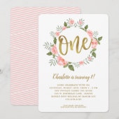 Waterverf Eerste Verjaardag Goud en Roze Bloemen Kaart (Voorkant / Achterkant)