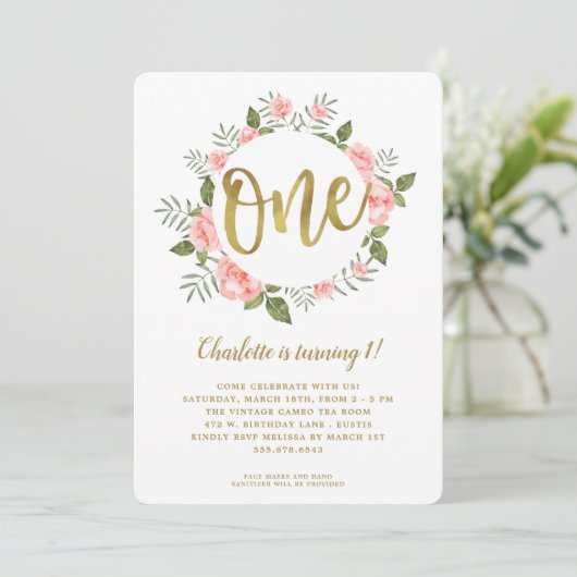 Waterverf Eerste Verjaardag Goud en Roze Bloemen Kaart (Staand voorkant)