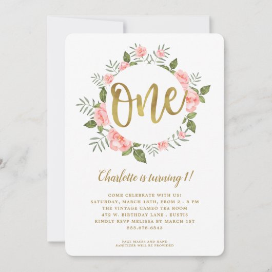 Waterverf Eerste Verjaardag Goud en Roze Bloemen Kaart (Voorkant)