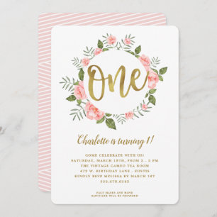 Waterverf Eerste Verjaardag Goud en Roze Bloemen Kaart