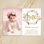 Waterverf Eerste Verjaardag Goud en Roze Bloemen Kaart