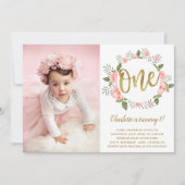 Waterverf Eerste Verjaardag Goud en Roze Bloemen Kaart (Voorkant)