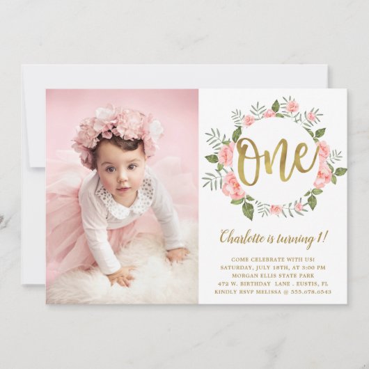 Waterverf Eerste Verjaardag Goud en Roze Bloemen Kaart (Voorkant)