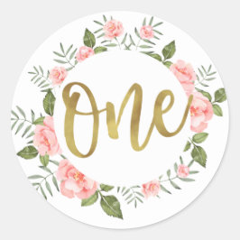 Waterverf Eerste Verjaardag Goud en Roze Bloemen Ronde Sticker