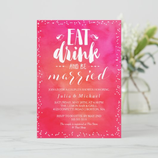Waterverf Eet Drink & Be Married Paar Douche Kaart (Staand voorkant)