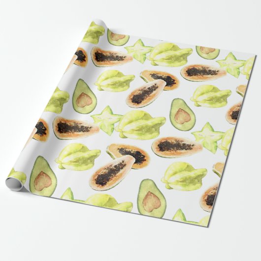 Waterverf Eetbaar Exotic Fruits Monogram Patroon Cadeaupapier (Uitgerold)
