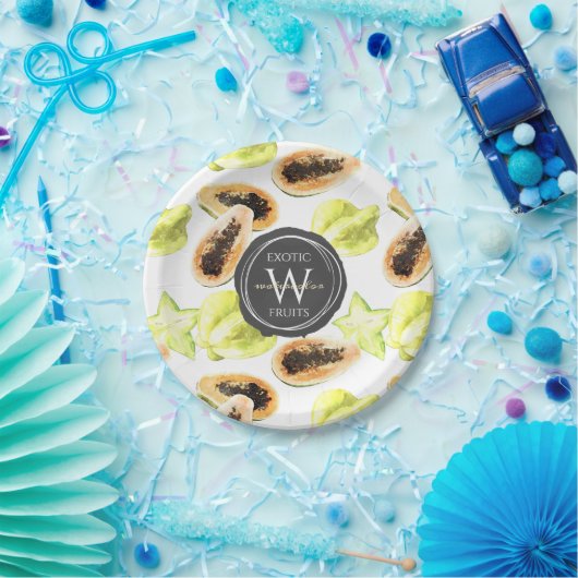 Waterverf Eetbaar Exotic Fruits Monogram Patroon Papieren Bordje (Feest)