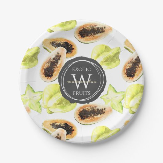 Waterverf Eetbaar Exotic Fruits Monogram Patroon Papieren Bordje (Voorkant)