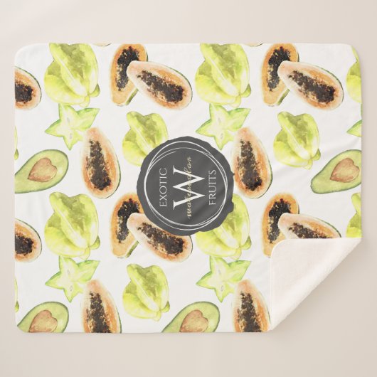 Waterverf Eetbaar Exotic Fruits Monogram Patroon Sherpa Deken (Voorkant (horizontaal))
