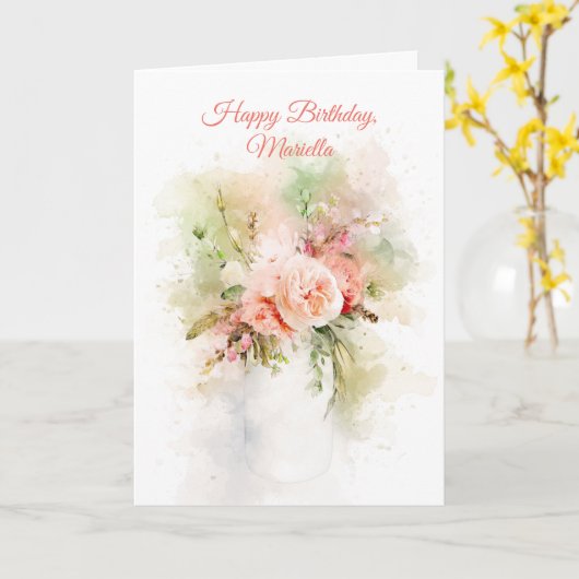Waterverf-effect bloemen in Vase Birthday Card Kaart (Gele Bloem)