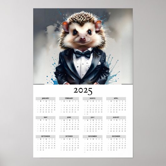 Waterverf Egel Dragen Tux 2025 Wandkalender Poster (Voorkant)