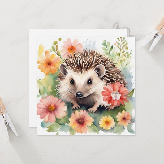 Waterverf Egel en Bloemen  Kaart (Voorkant / Achterkant in situ)