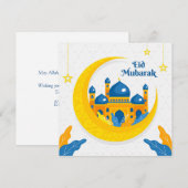 Waterverf Eid Mubarak Mosque Crescent Yellow Blue Feestdagenkaart (Voorkant / Achterkant)