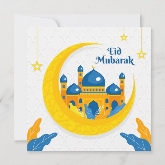 Waterverf Eid Mubarak Mosque Crescent Yellow Blue Feestdagenkaart (Voorkant)