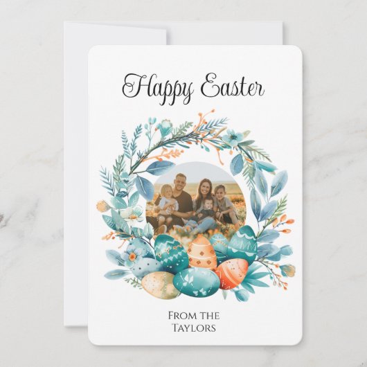 Waterverf Eieren Krans Gelukkig Pasen Familie Foto Feestdagenkaart (Voorkant)