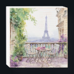 Waterverf Eifel Tower Paris Frans Café Houten Kist Print<br><div class="desc">Waterverf Eifel Tower Paris French Cafe Wooden Box Sign beschikt over een waterverf Franse café zithoek met Paris en de Eifel Tower op de achtergrond. Creëer door Evco Studio www.zazzle.com/store/evcostudio</div>