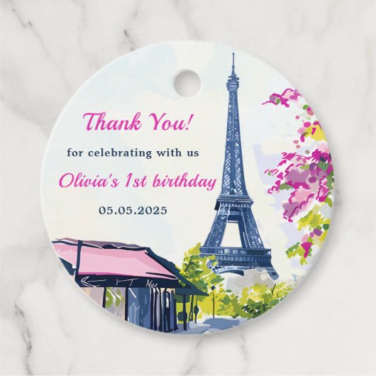 Waterverf Eiffeltoren Parijs 1e verjaardagsfeest Bedankjes Labels (Voorkant)