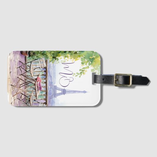 Waterverf Eiffeltoren Parijs Frans Café Monogram Bagagelabel (Voorkant (horizontaal))