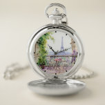 Waterverf Eiffeltoren Parijs Frans Café Zakhorloge<br><div class="desc">Waterverf Eiffeltoren Paris French Cafe Pocket Watch beschikt over een waterverf Franse café zithoek met Paris en de Eiffeltoren op de achtergrond. Creëer door Evco Studio www.zazzle.com/store/evcostudio</div>