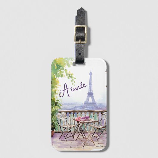 Waterverf Eiffeltoren Parijs Franse cafénaam Bagagelabel (Voorkant (verticaal))